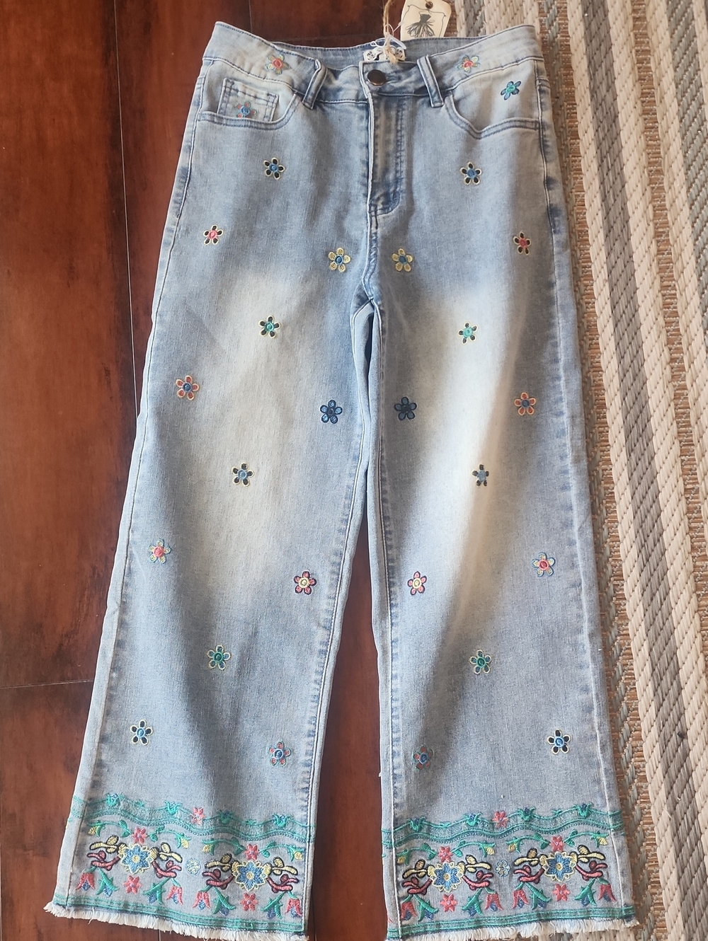 Light Blue Floral-Embroidered Wide Leg Jeans New